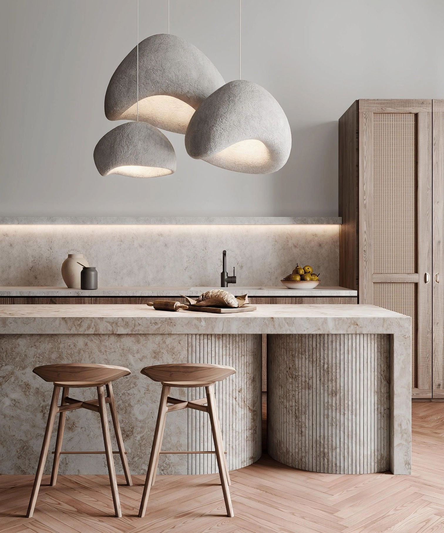 Two wabi-sabi pendant lights hanging arrangement contemporary style