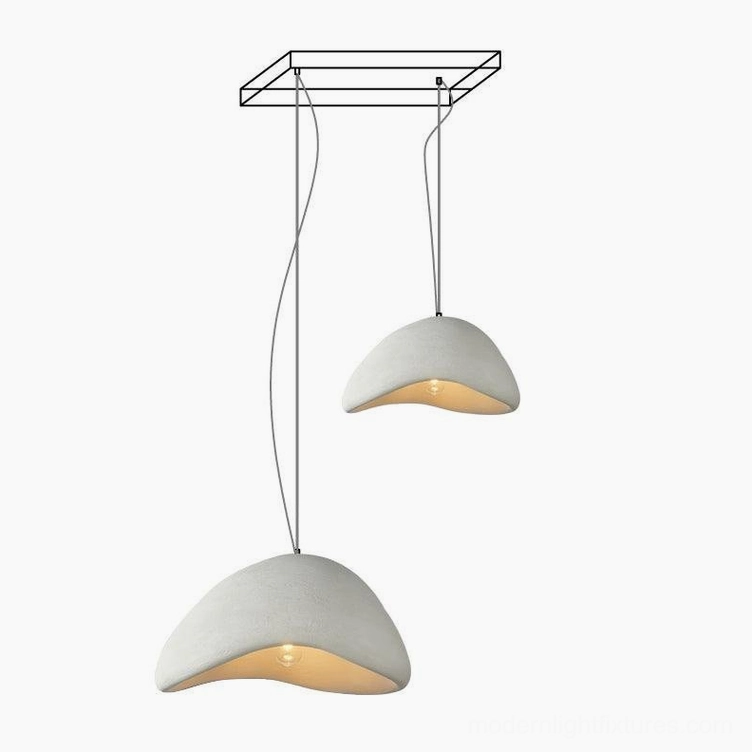 Wabi-sabi two-pendant chandelier long canopy configuration for spacious modern interiors