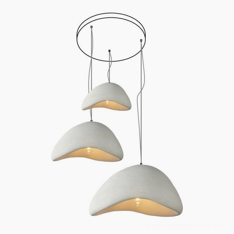 Wabi-sabi pendant chandelier in white with round canopy configuration minimalist aesthetic