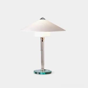 Wagenfeld minimalist table lamp front view with white conical shade and polished chrome stem on glass base, studio lighting