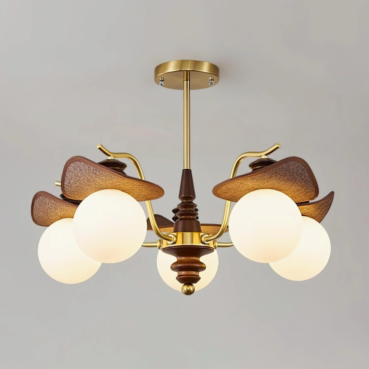 Walden 5-head 70cm chandelier elegant presentation showcasing walnut wood and brass construction materials
