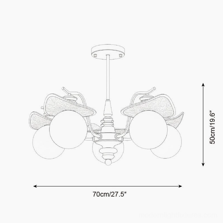 Walden 5-head chandelier technical drawing and orthographic specifications showing 70cm width dimensions