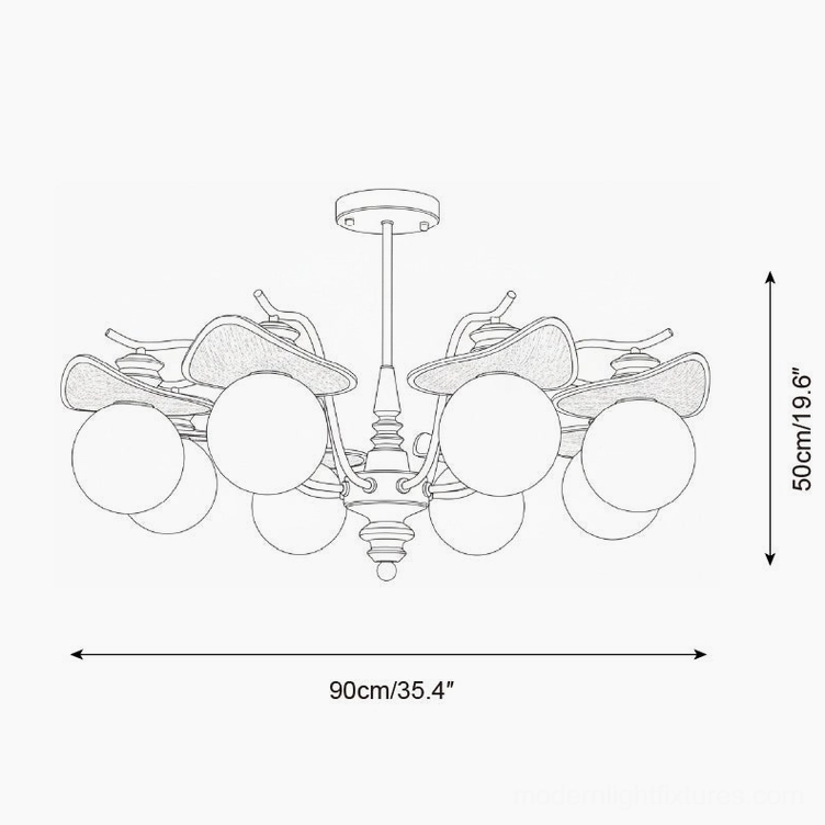 Walden 8-head chandelier design diagram with 90cm width orthographic front view and measurements