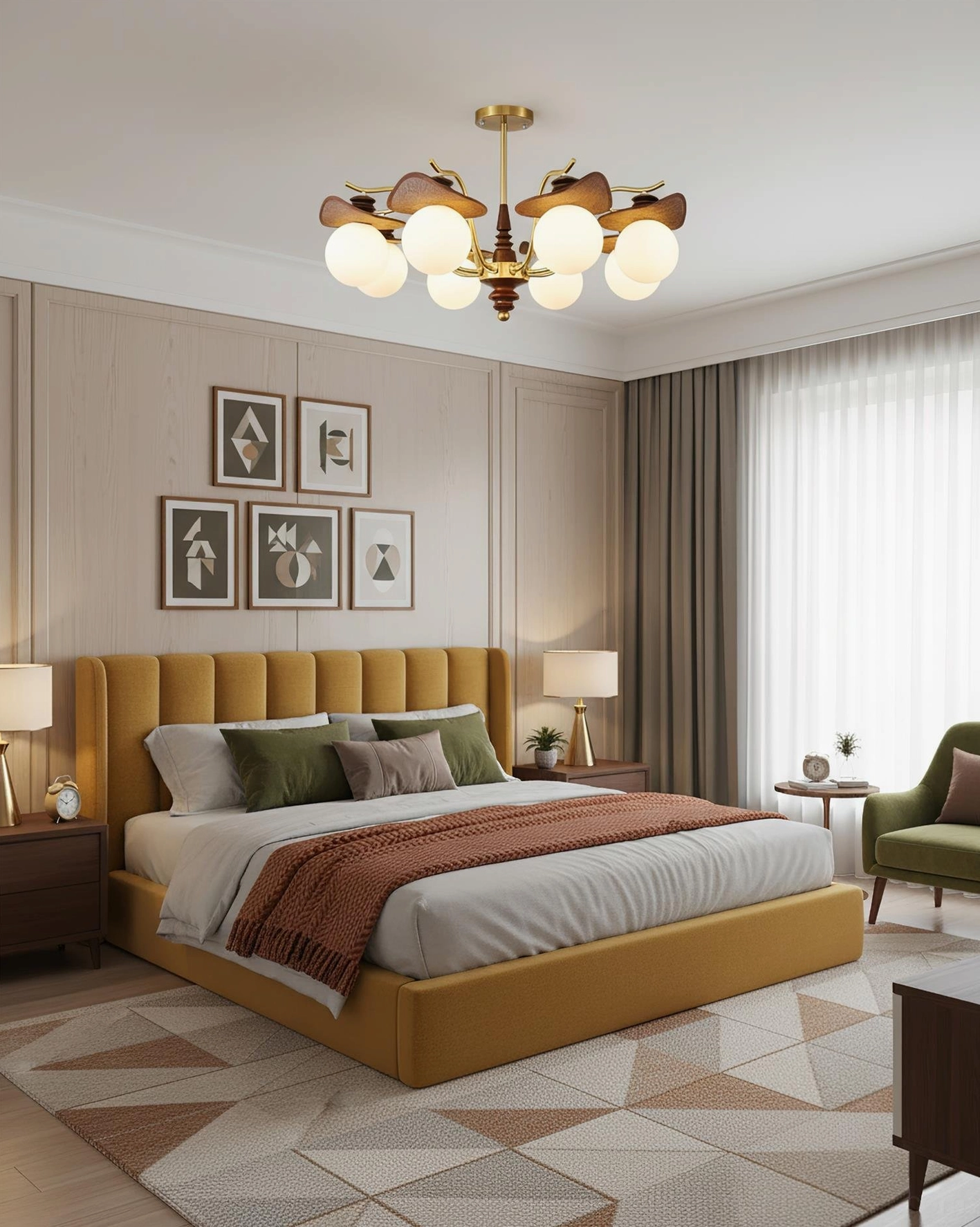 Walden ceiling chandelier in cozy mid-century master bedroom with tufted headboard and bedside lighting