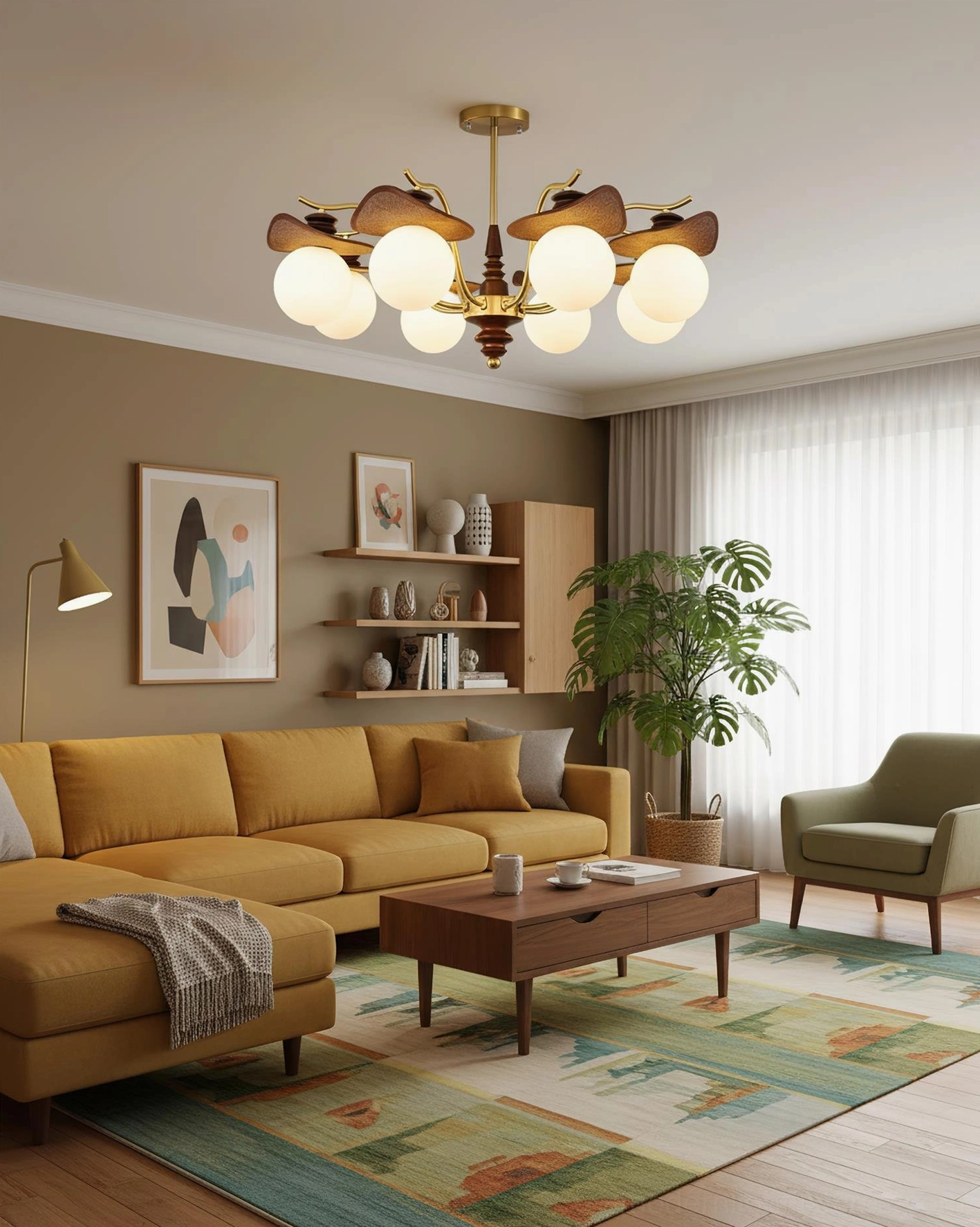 Walden chandelier in contemporary living room setting with mid-century modern furniture, warm ambient lighting, and retro home decor