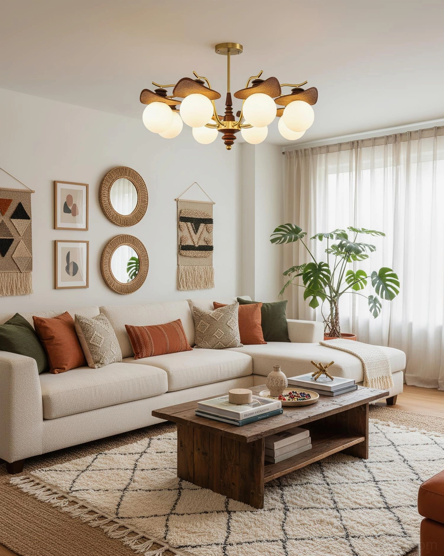 Walden mid-century modern chandelier detail view showcasing hand-finished walnut wood wings and brass metalwork