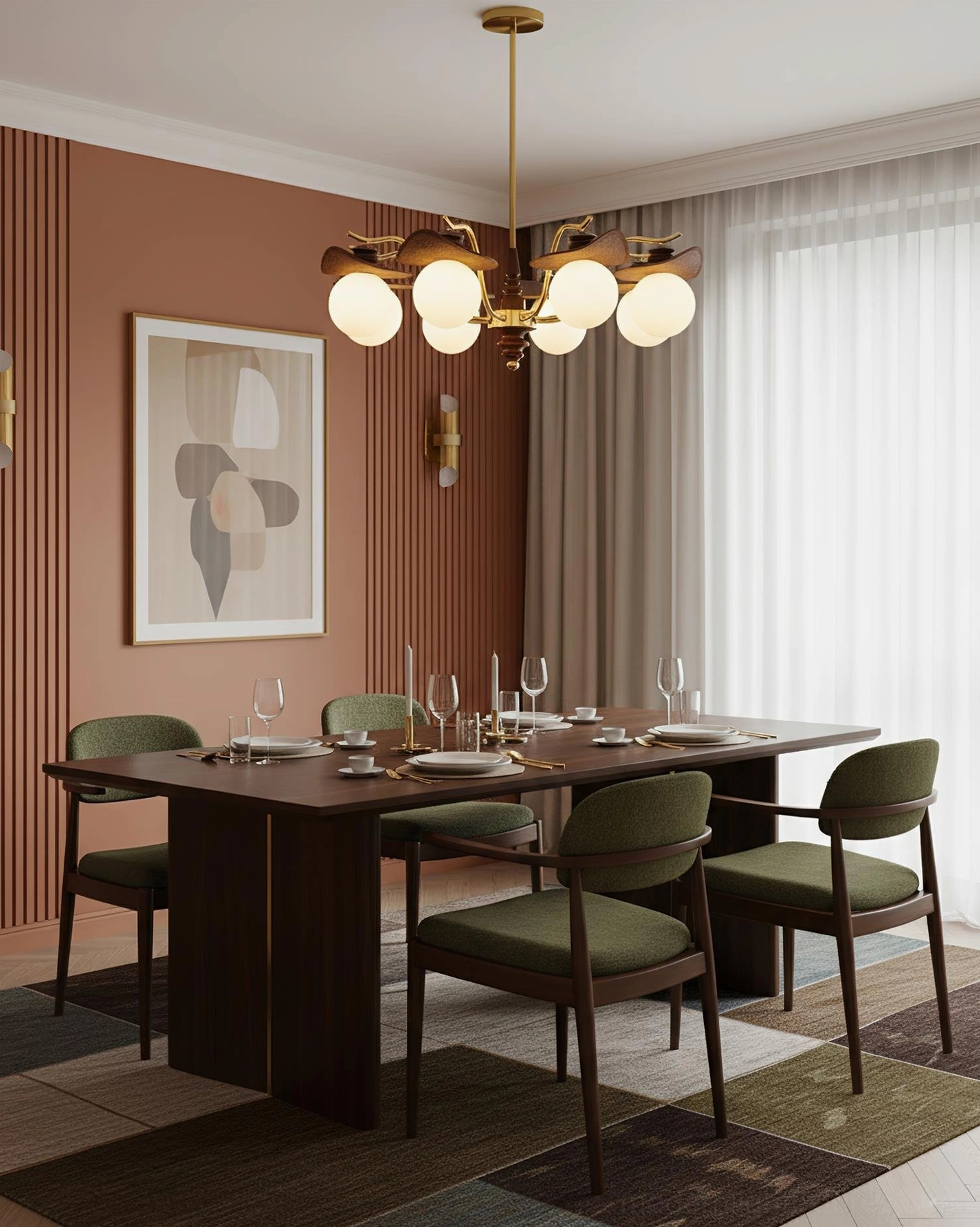 Walden hanging chandelier above dining table with green upholstered chairs in retro dining room setting