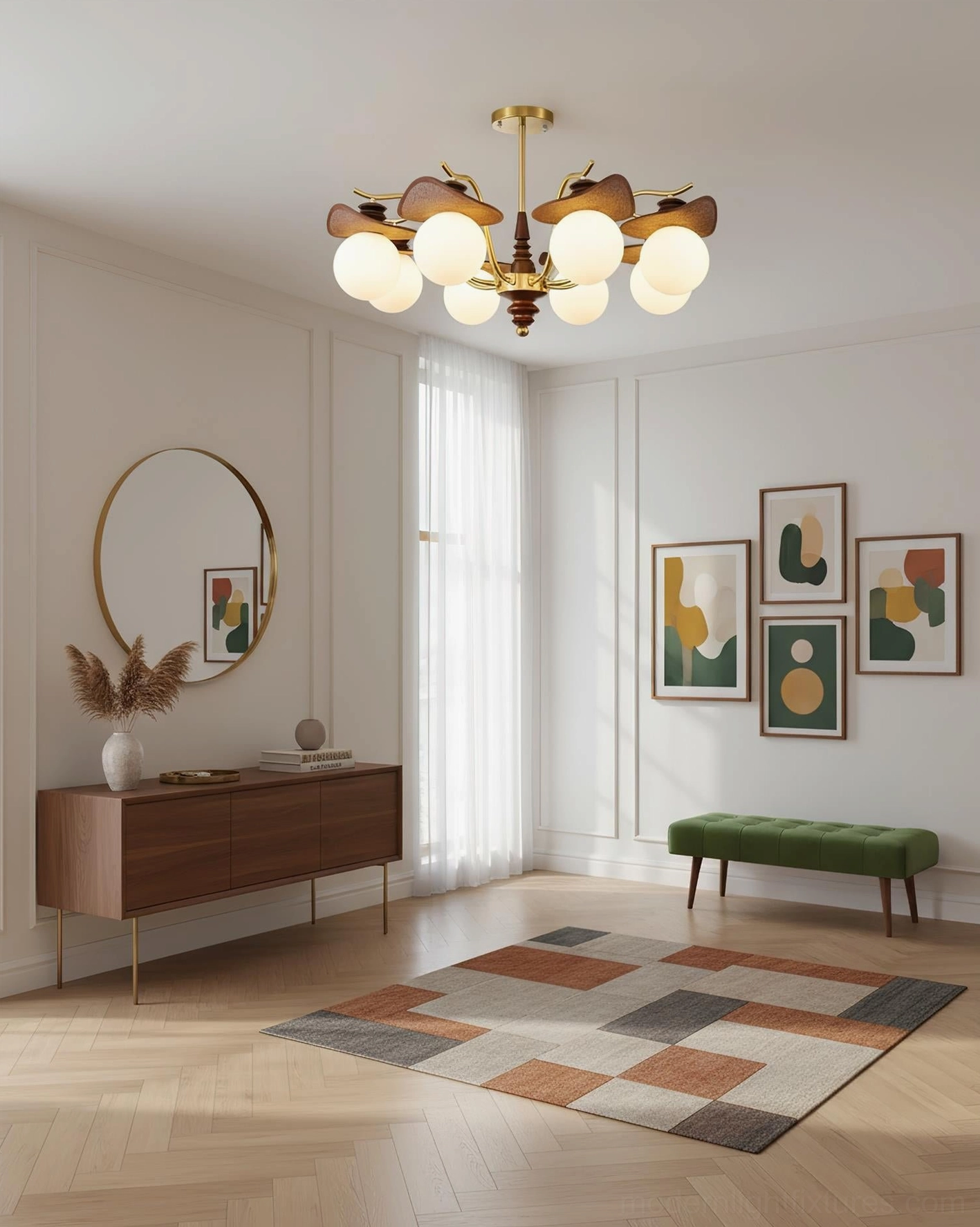 Walden modern pendant chandelier in elegant entryway with console table, round mirror, and geometric area rug