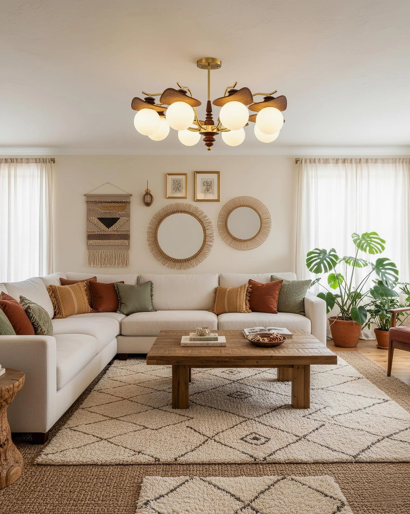 Walden large statement chandelier in contemporary family living room above sectional sofa with wooden furniture