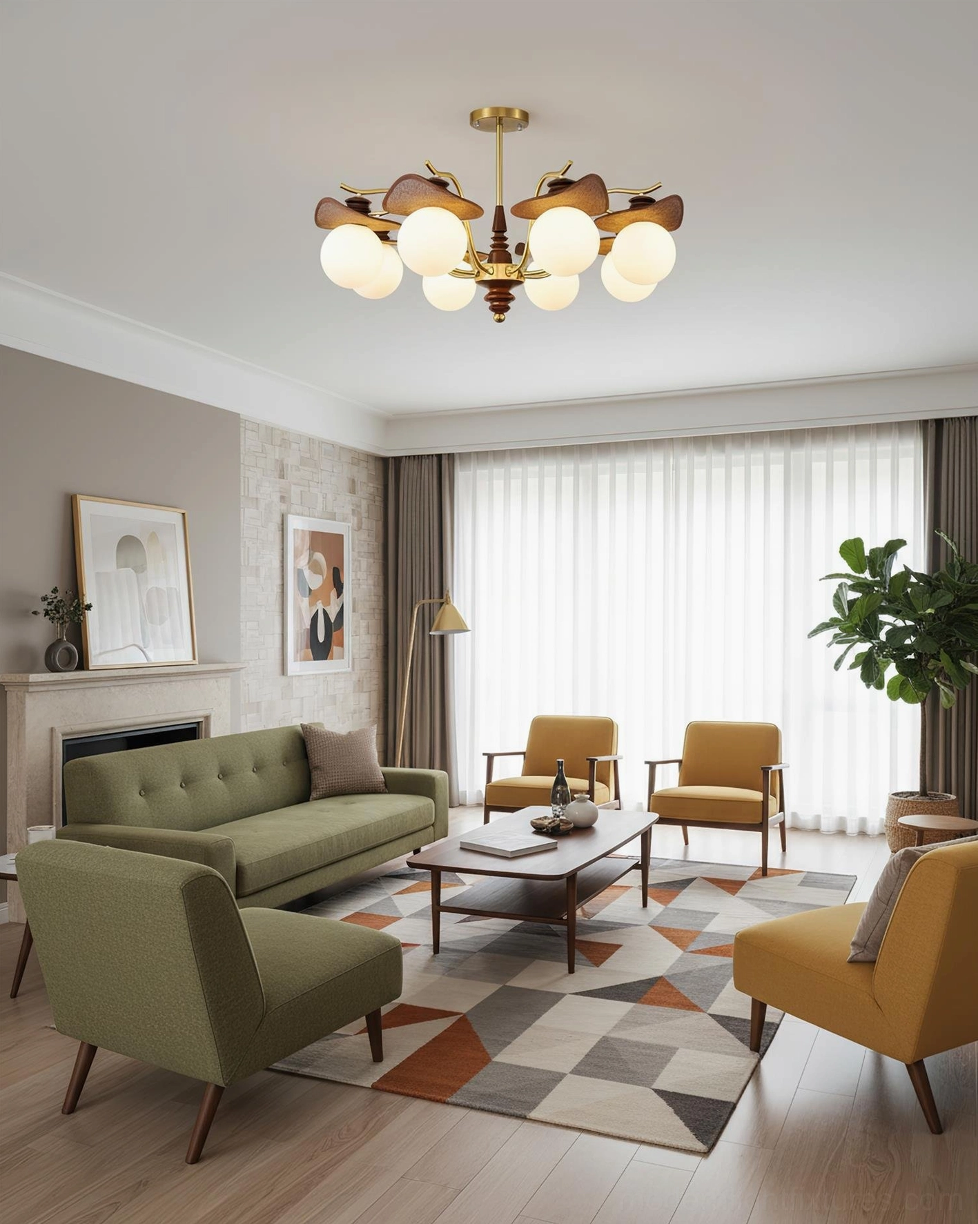 Walden brass and walnut chandelier in mid-century sitting area with green sofa, accent chairs, and fireplace backdrop