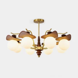 Walden mid-century modern chandelier front view with brushed brass arms and frosted opal glass shades, close-up product photography