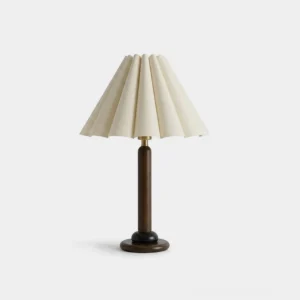 Waldena pleated fabric table lamp with turned ash wood base and off-white scalloped shade on white background