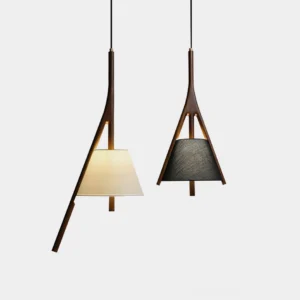 Waldo wood pendant lamp front view showing triangular frame with beige and dark grey fabric shades modern minimalist design