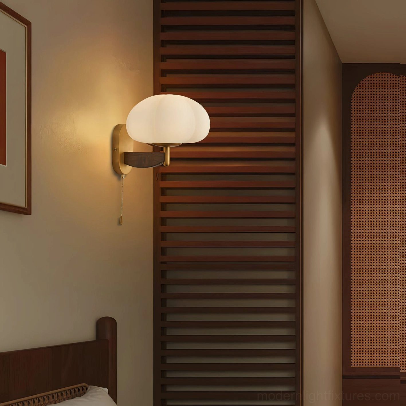 Modern wall lamp mounted on wooden louver accent wall in neutral entryway with vintage aesthetic