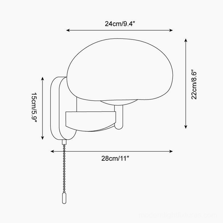 Wall lamp technical dimension diagram showing measurements and pull-chain design specifications