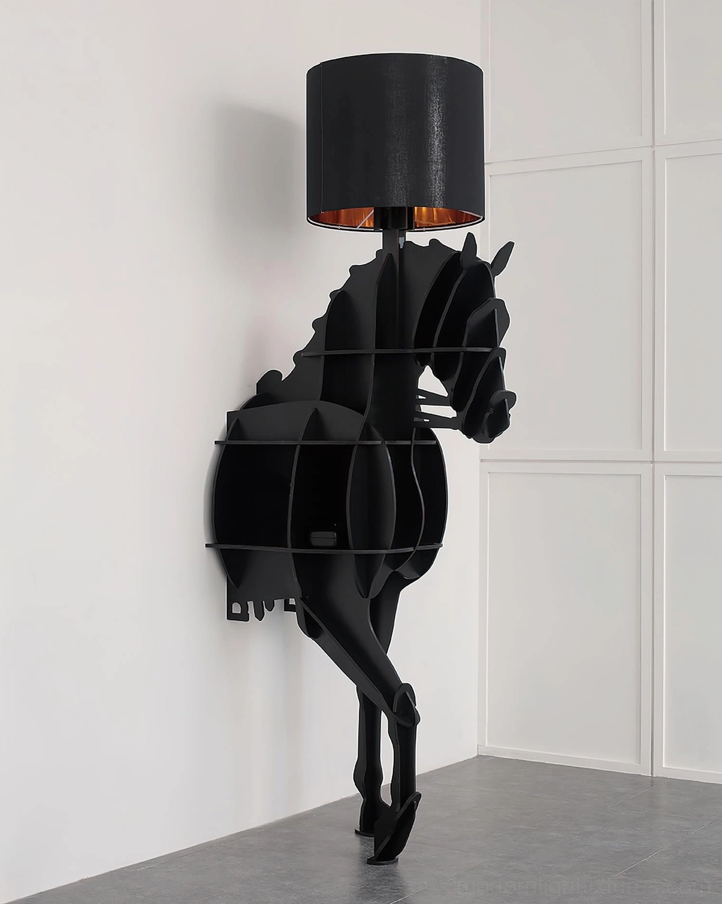 Wall-mounted horse-shaped lamp with cylindrical shade in minimalist white room - sculptural lighting fixture