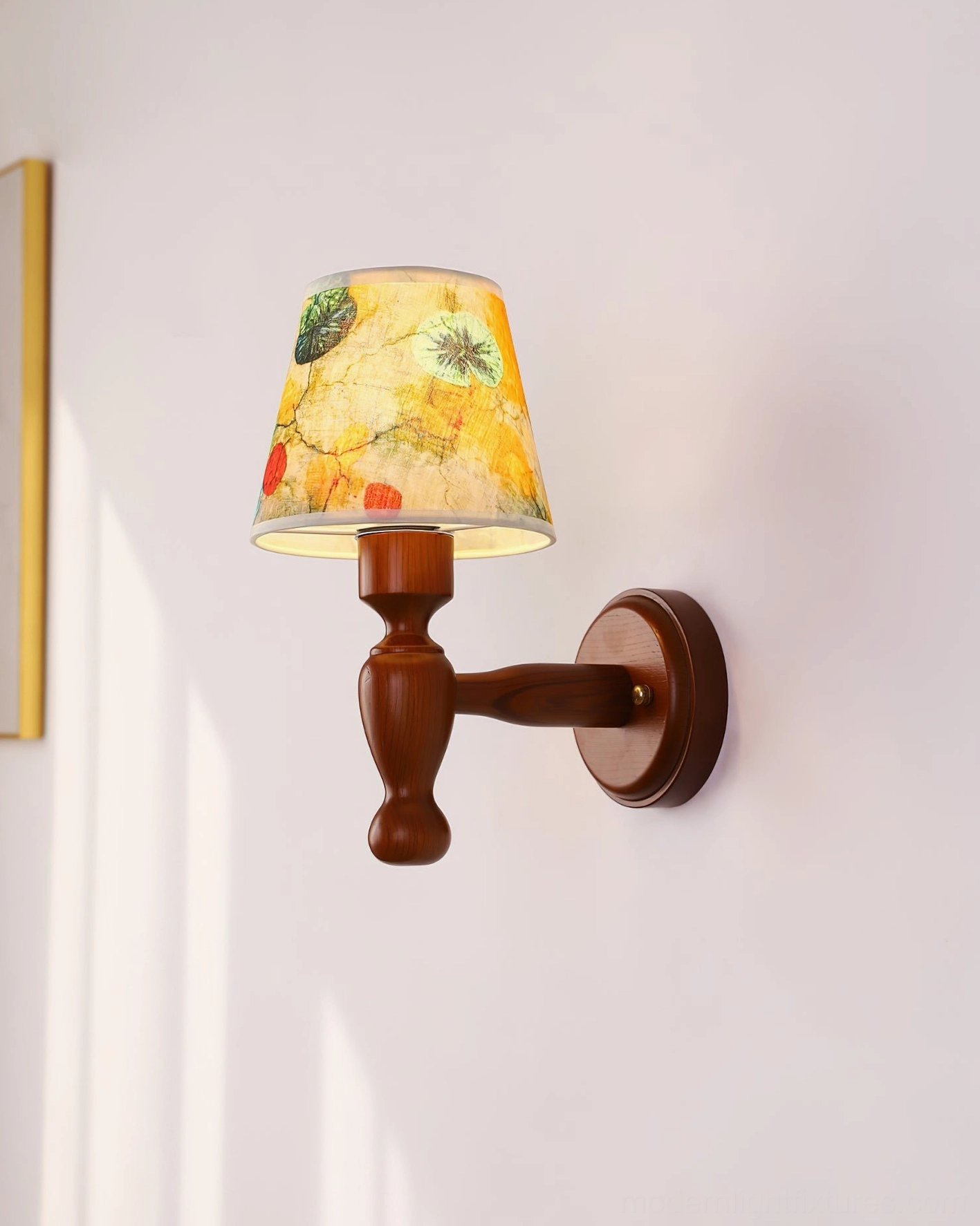 Wooden wall-mounted sconce fixture, hand-printed fabric shade detail