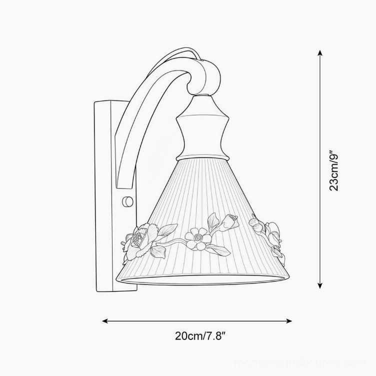 Technical dimension drawing of vintage floral wall sconce with measurements 20cm width by 23cm height
