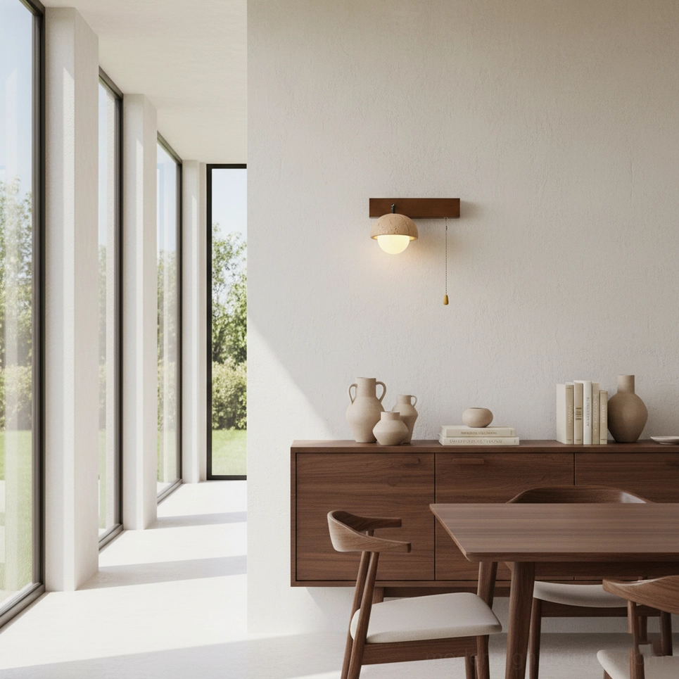 Dining room wall sconce installed above sideboard with natural window light backdrop