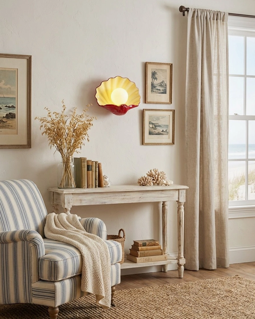 Coastal wall sconce in elegant neutral living room with dried floral decor and framed art, farmhouse aesthetic ambient lighting
