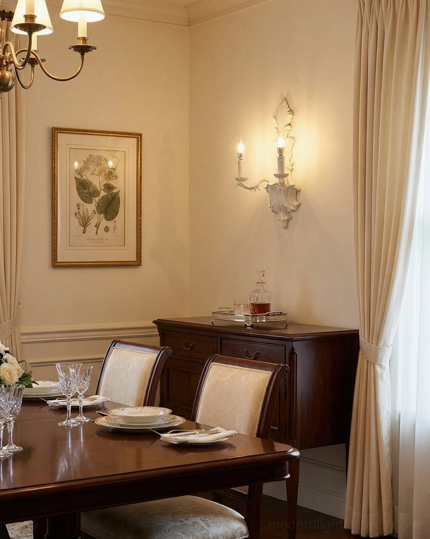 Wall sconce providing warm ambient lighting in formal dining room above dark wood furniture