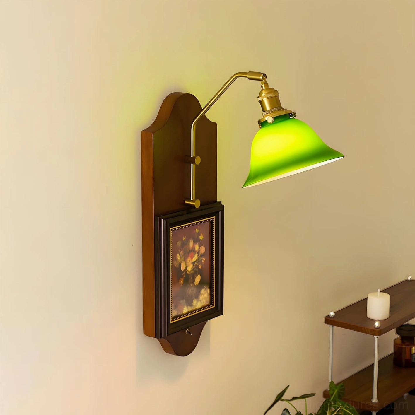 Right-side view of emerald wall sconce with downward-angled green glass shade and accent wall styling