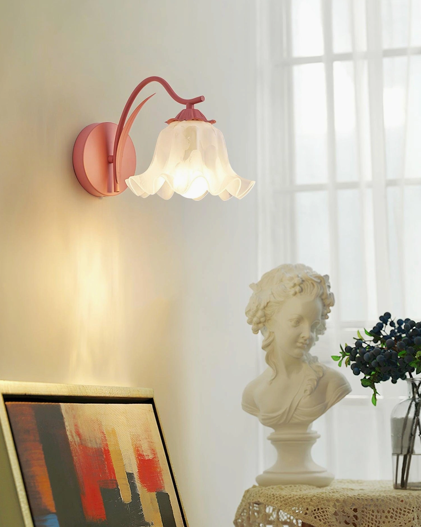 Modern wall sconce installation showing mounting bracket and light diffusion