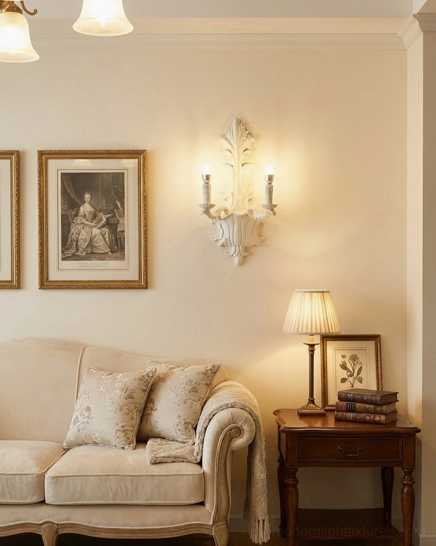 Wall sconce accent lighting in living room above tufted sofa with French-country interior styling