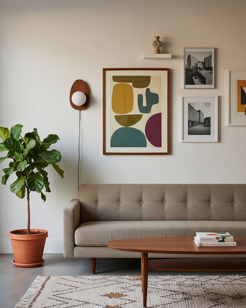 Frosted globe wall sconce mounted on side wall above sofa in mid-century modern living room gallery wall