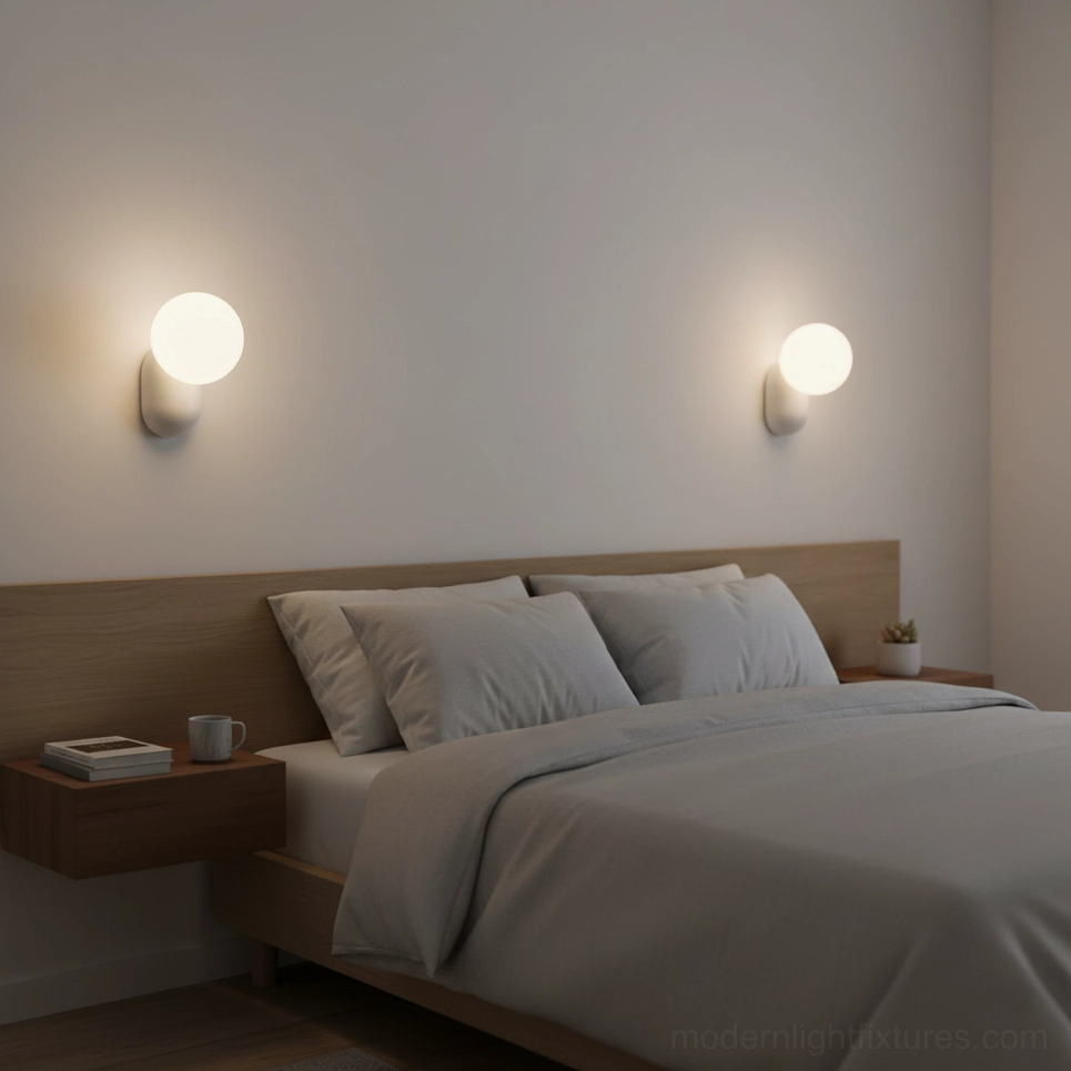 Two modern cantilever wall sconces illuminating bedroom beside dark wood headboard, warm neutral decor