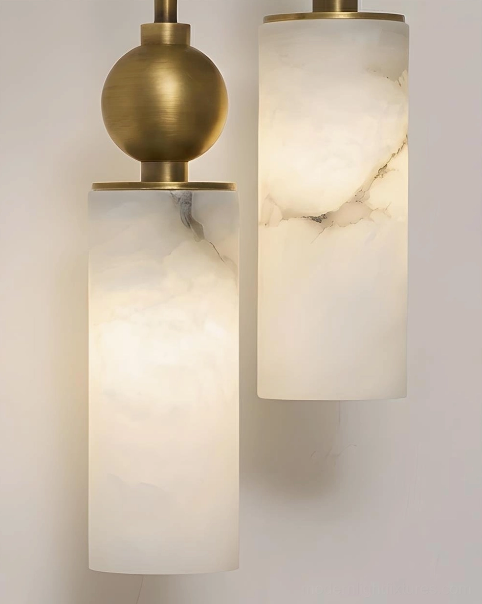 Contemporary alabaster brass wall sconce side profile view - architectural lines and sculptural form with rounded metal accents