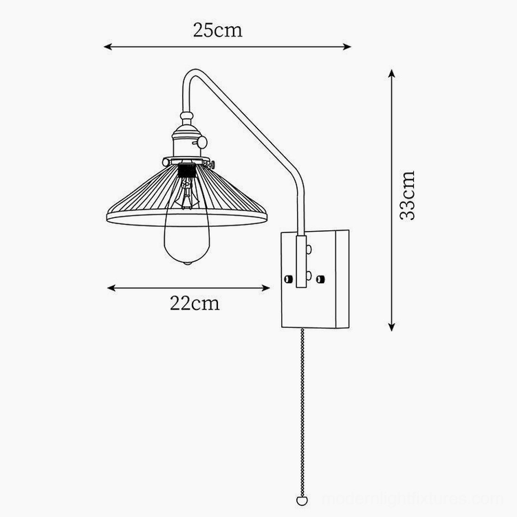Alternative technical schematic of retro wall sconce with flat rim shade design and measurements