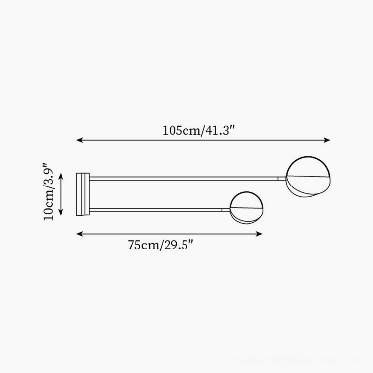 Technical dimension drawing and specifications for modern dual semi-circle wall sconce with measurements