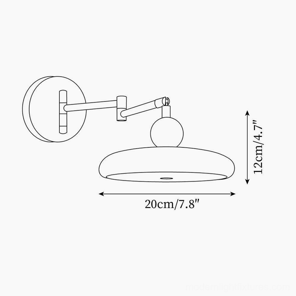 Technical specification diagram of swing arm wall sconce showing 20cm diameter and 12cm height measurements