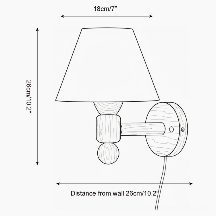 Technical specifications diagram for modern wall sconce showing dimensions 18cm width 26cm height and wall projection measurements