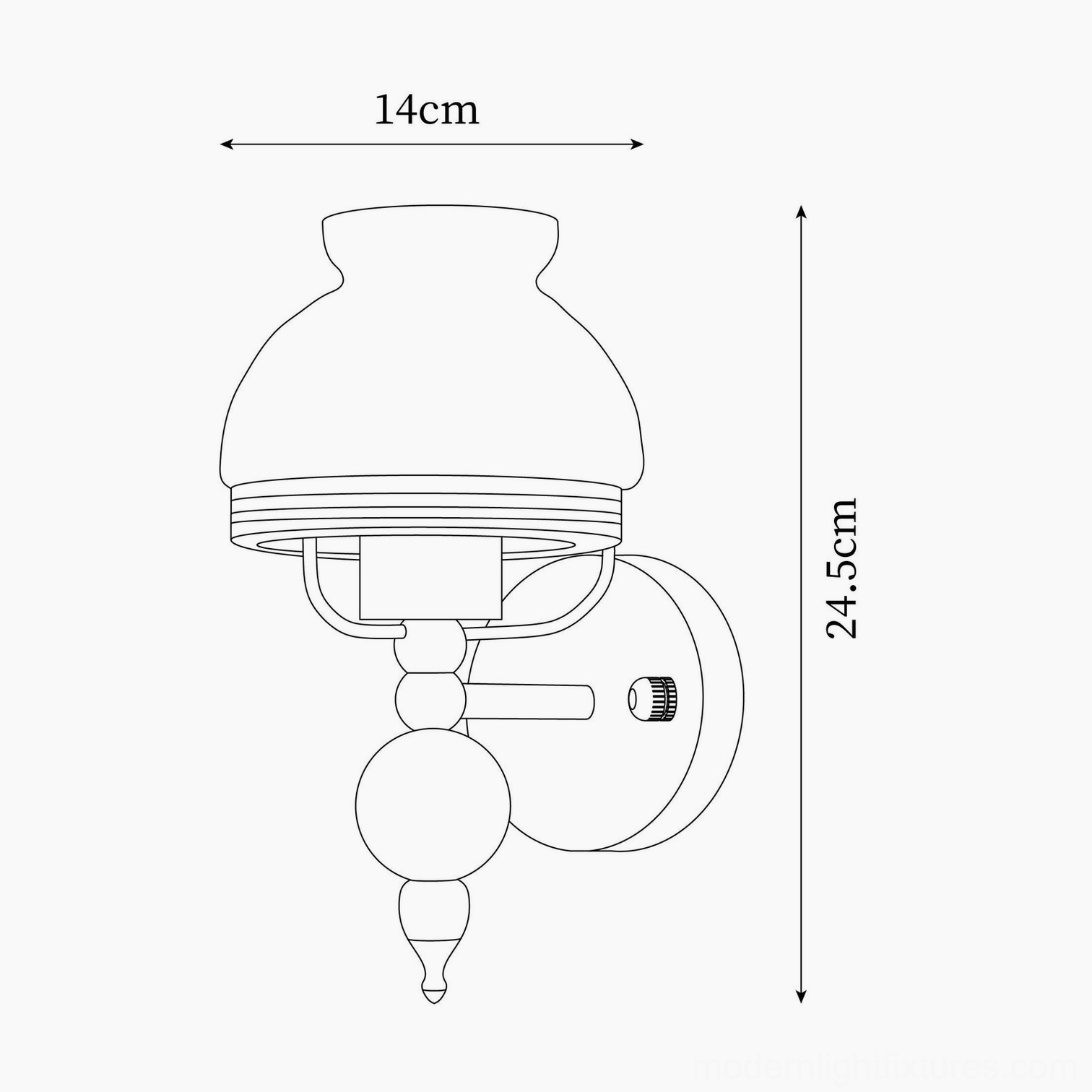 Technical schematic drawing of vintage wall sconce showing dimensions 14cm width and 24.5cm height