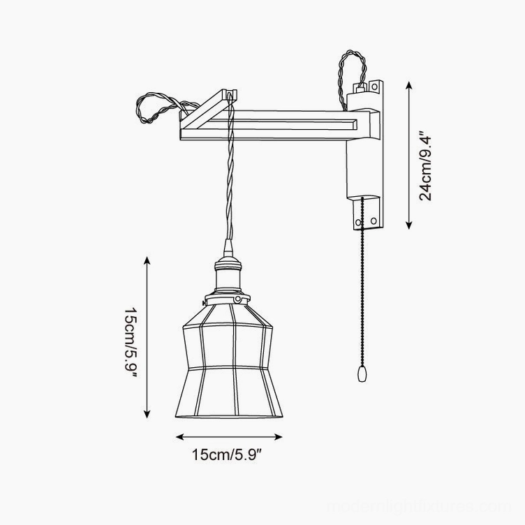 Wall-mounted sconce technical drawing with tapered multi-facet stained glass shade showing 15cm width and height dimensions, sculptural design specifications