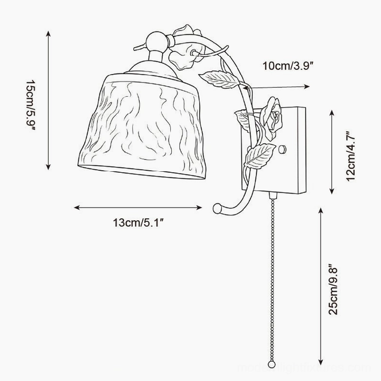Wall sconce technical blueprint showing textured glass shade profile and metal arm structure