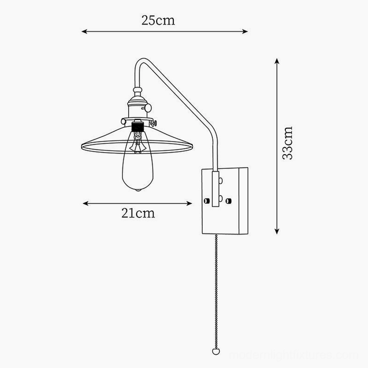 Technical schematic and dimension diagram of retro wall sconce showing 21cm width and total measurements