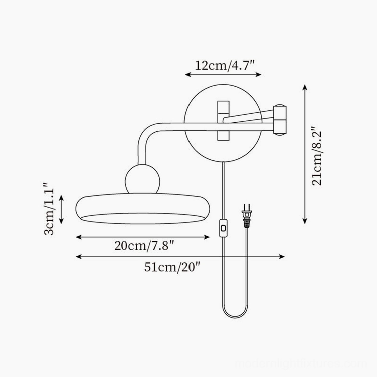 Swing arm wall sconce technical schematic showing full product dimensions, adjustable arm design, and power cord specifications