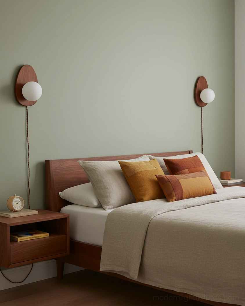 Mid-century plug-in wall sconce detail shot showing walnut wood construction and frosted glass globe
