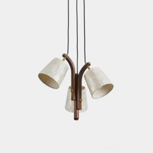 Walmere 3-light capiz shell pendant with walnut wood center support and staggered shade arrangement, front product view