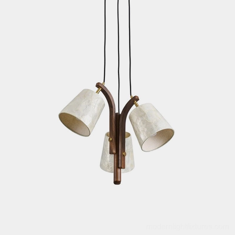Walmere 3-light capiz shell pendant with walnut wood center support and staggered shade arrangement, front product view