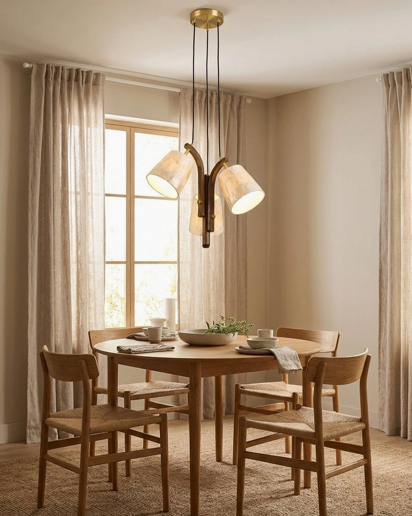 Walmere 3-light cluster pendant illuminating formal dining area with large windows and natural light