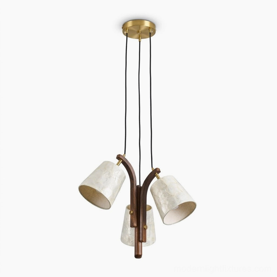 Walmere 3-light pendant flat product shot showing dark walnut wood frame, pearly capiz shells, and brushed gold canopy