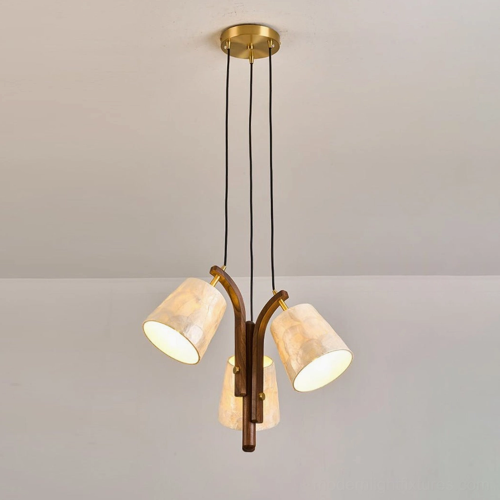Walmere 3-light cluster pendant close-up showing natural capiz shell texture and warm light diffusion