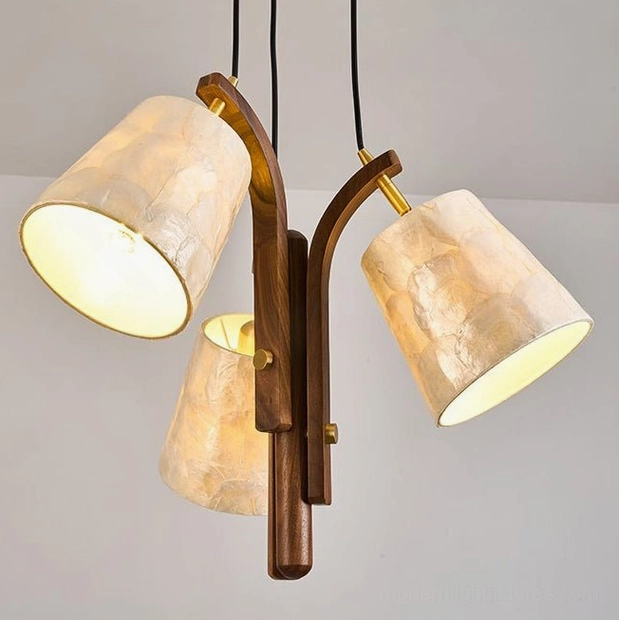 Walmere 3-light pendant showing staggered drop heights and sculptural arrangement of capiz shades