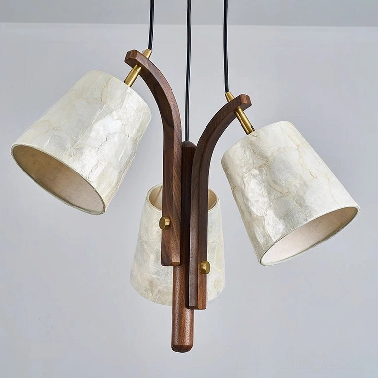Walmere walnut wood center support with curved arms and brushed gold canopy hardware detail