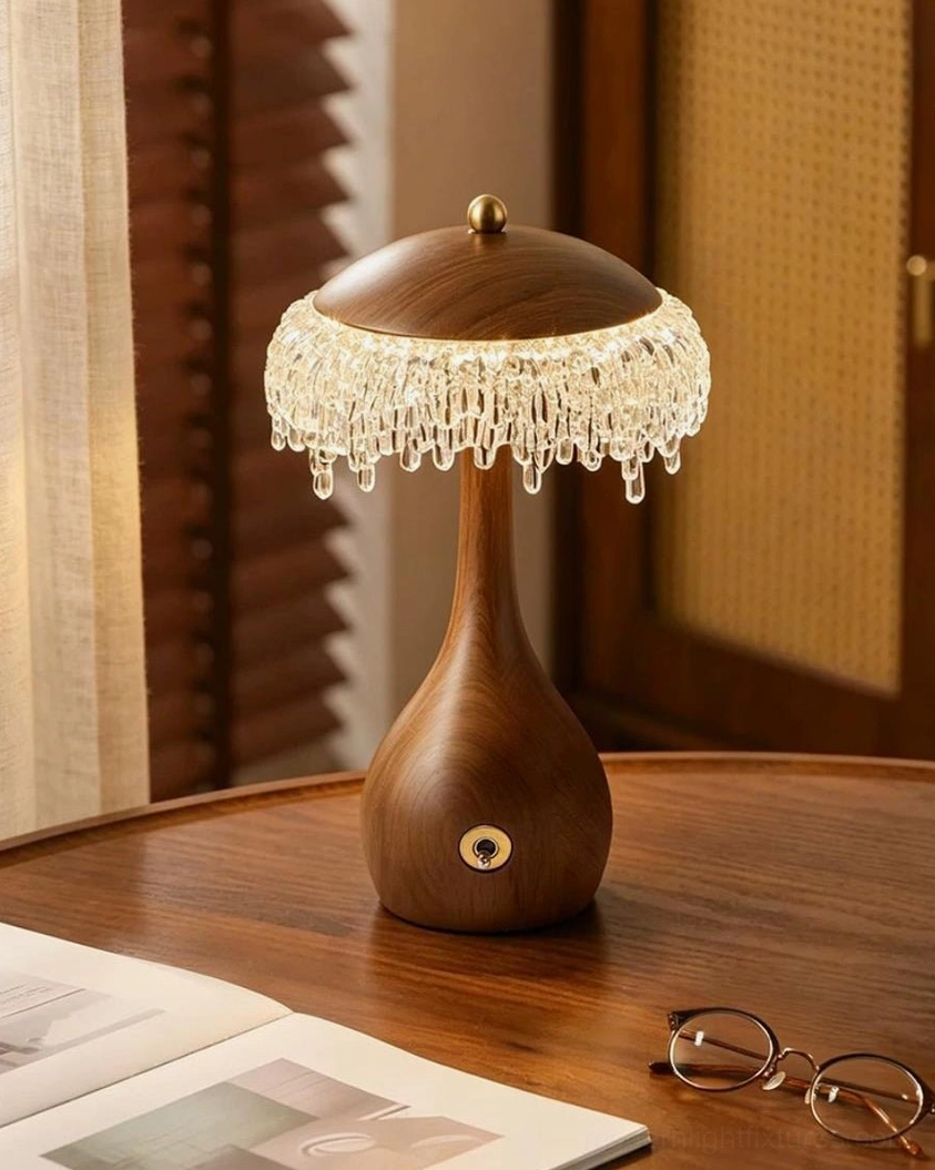 Walnora Integrated LED Table Lamp on Wooden Side Table — Warm Ambient Light, Japandi Interior Styling with Eyeglasses and Book