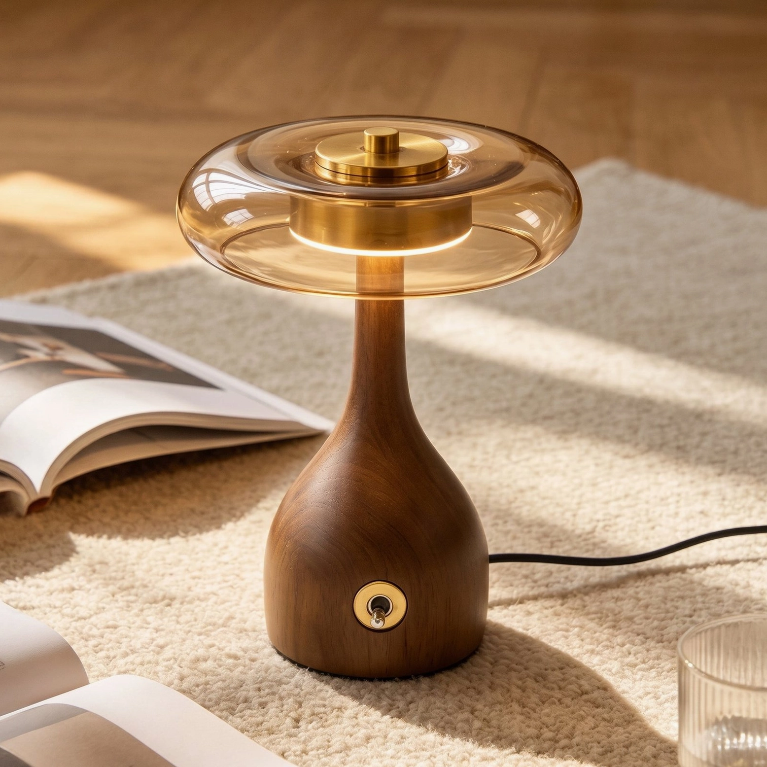 Walnora Amber Glass Donut Shade Table Lamp — Minimalist Mid-Century Aesthetic with Walnut Wood Base and Warm LED Light